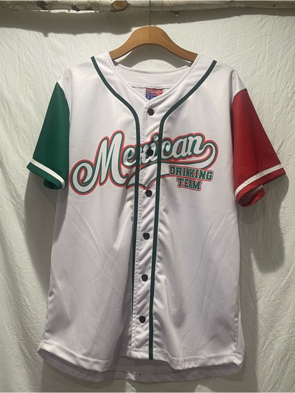 Mexican Drinking Team Jersey SZ L Women White 2 Side Logo Button Up Short Sleeve